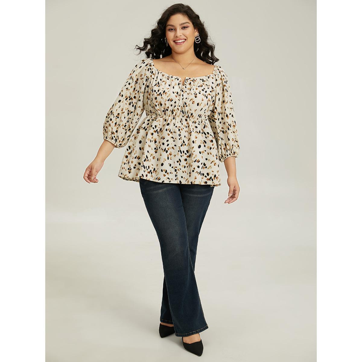 Plus Size Ivory Allover Print Lantern Sleeve Blouse Women Elegant Elbow-length sleeve V-neck Dailywear Blouses BloomChic 18-20/2X Product Image