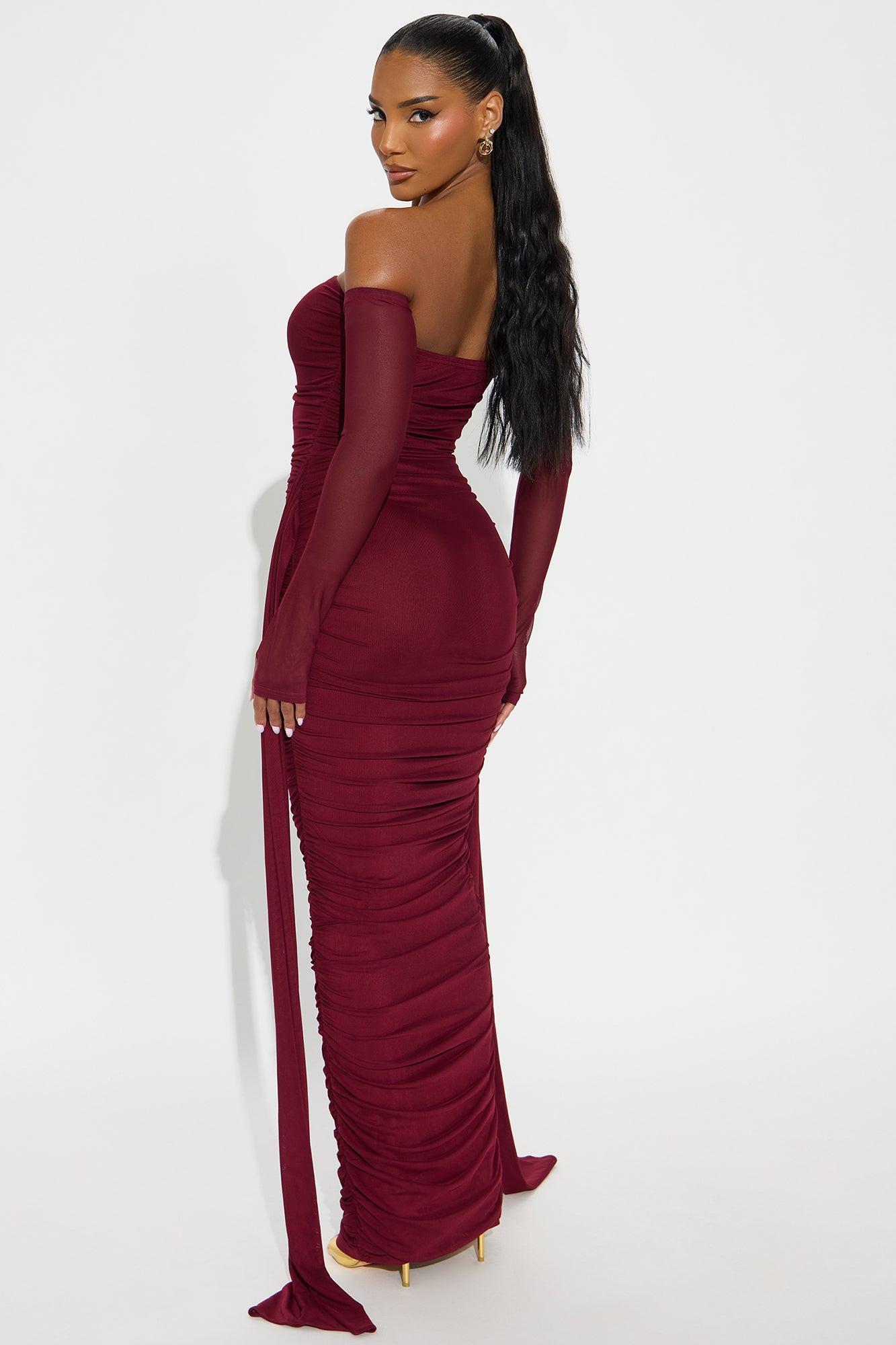 Kourtney Mesh Ruched Maxi Dress - Burgundy Product Image