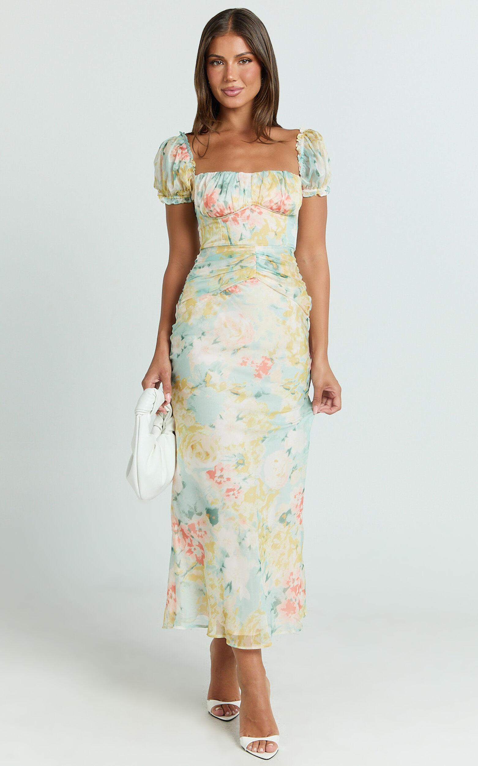 Debina Maxi Dress - Sweetheart Neckline Short Sleeve Dress in Yellow Product Image