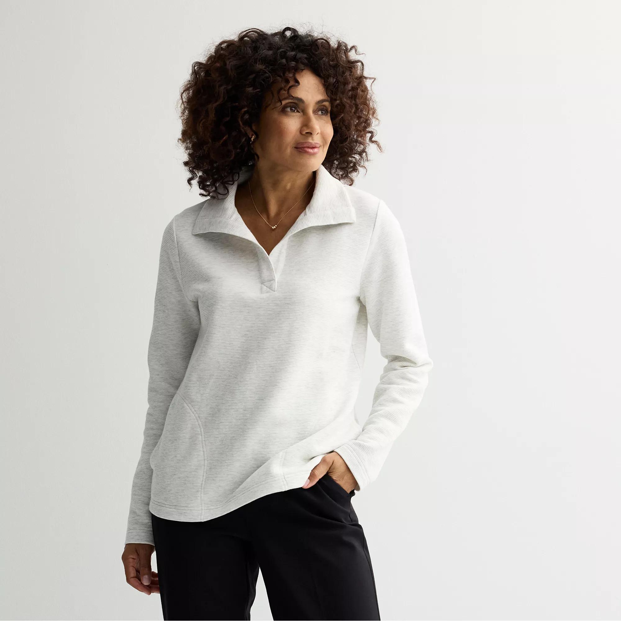 Petite Croft & Barrow® Open Collar Pullover, Women's, Size: Medium Petite, Moonbeam Grey Product Image
