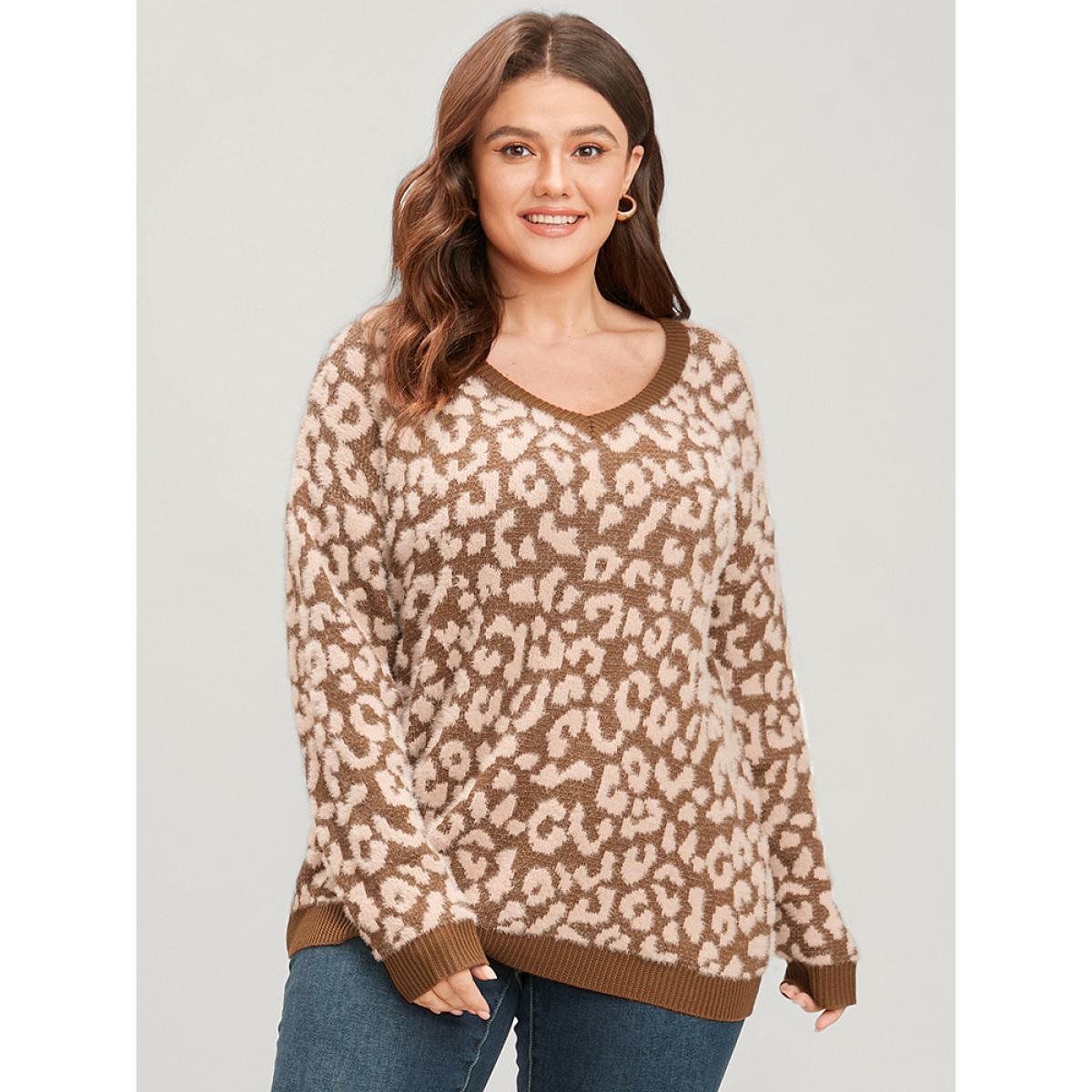Plus Size Leopard Pointelle Knit V Neck Fluffy Knit Top Bronze Women Casual Loose Long Sleeve V-neck Dailywear Pullovers BloomChic 12/L Product Image