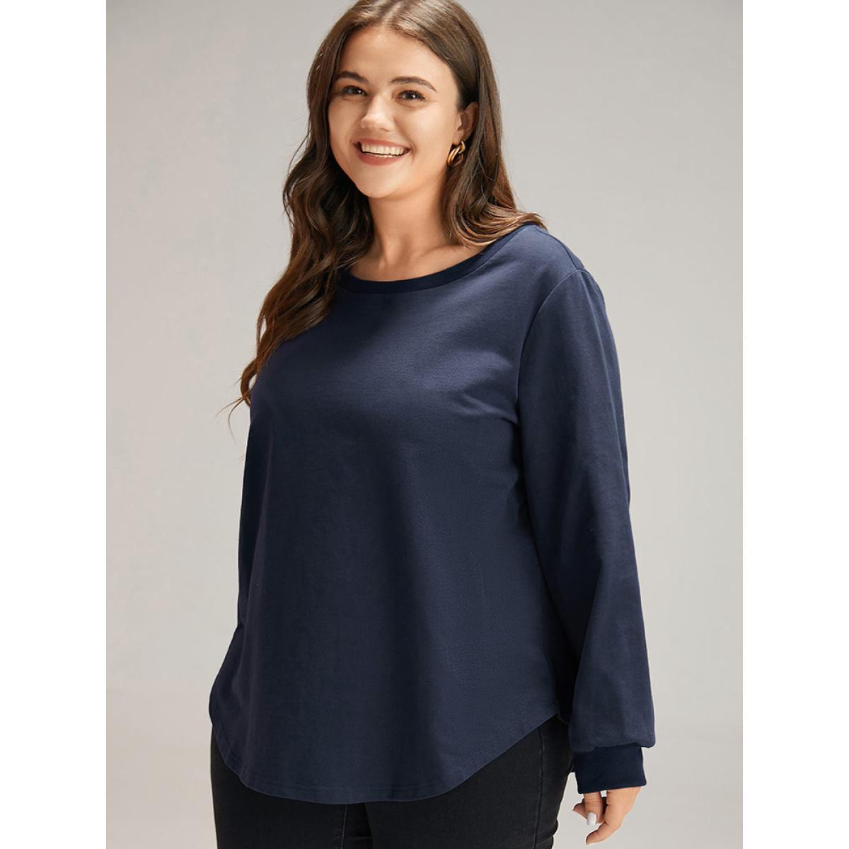 Plus Size Cotton Curved Hem Elastic Cuffs Sweatshirt Women Indigo Casual Elastic cuffs Round Neck Dailywear Sweatshirts BloomChic 28/5X Product Image