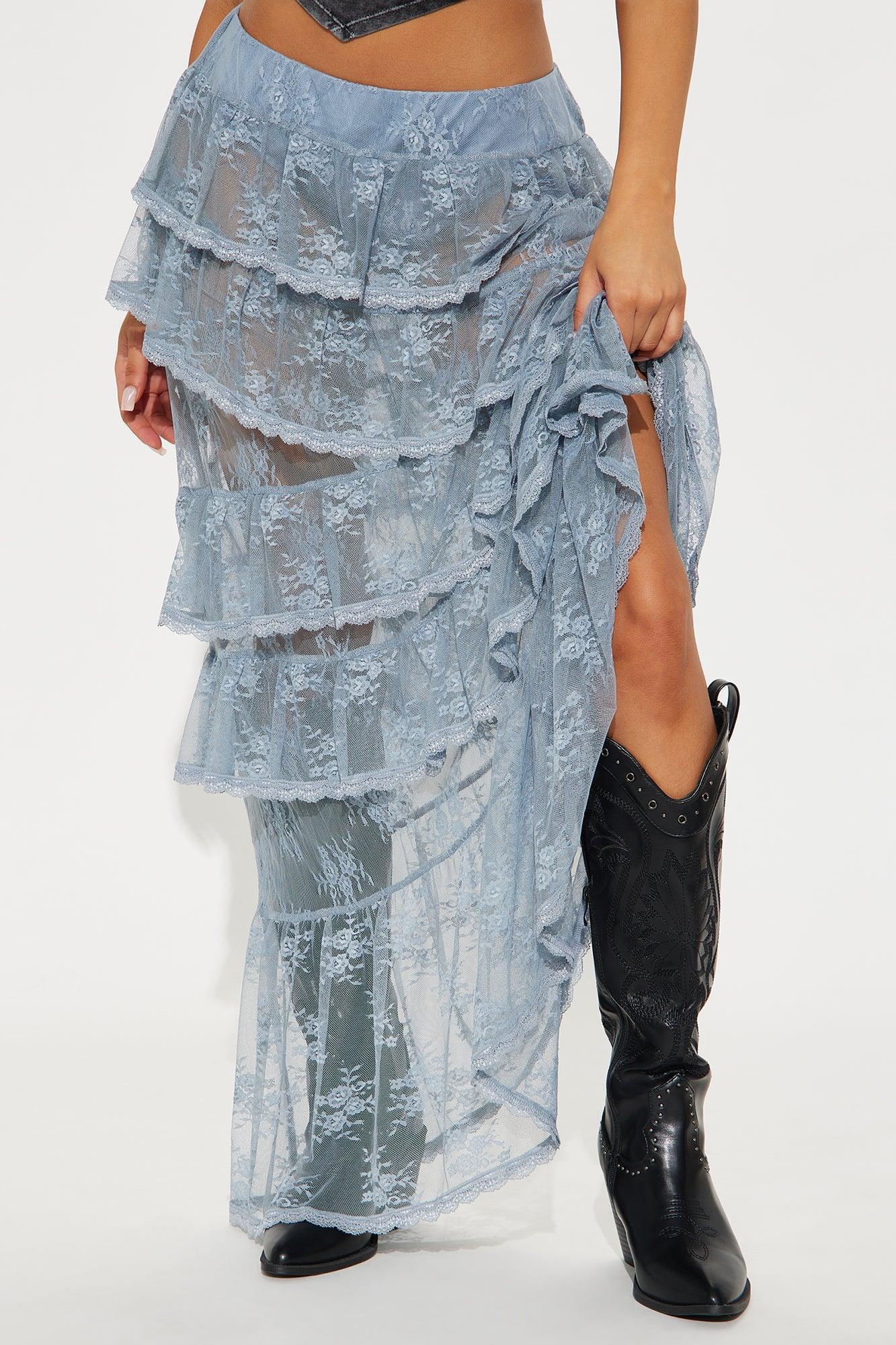 Daydreamer Sheer Lace Tiered Maxi Skirt - Light Blue Product Image
