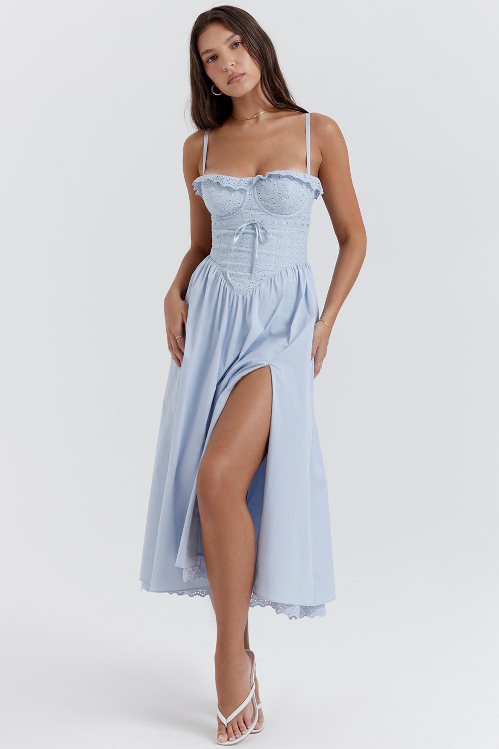 Jaime Soft Blue Cotton Broderie Anglais Midi SunDress Product Image