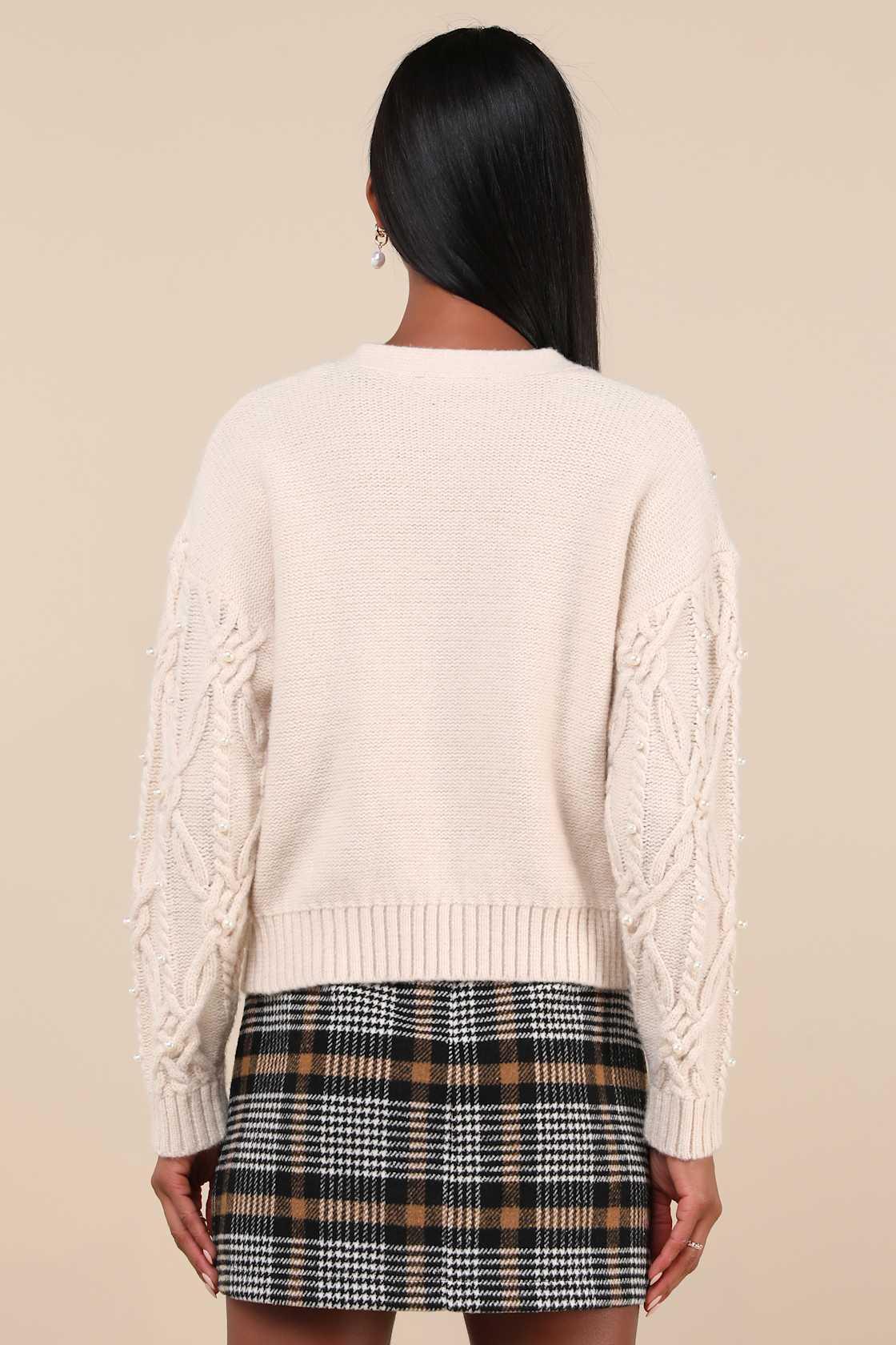 Demure Sweetheart Cream Cable Knit Pearl Cardigan Sweater Product Image