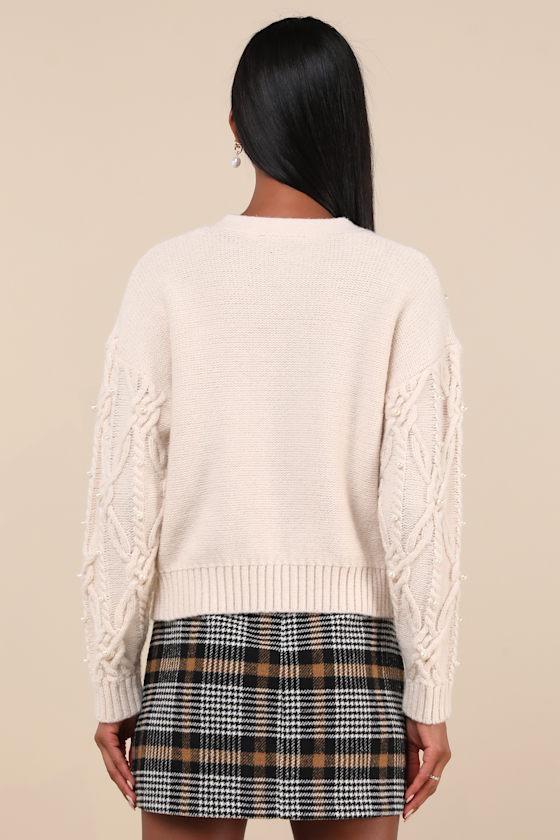 Demure Sweetheart Cream Cable Knit Pearl Cardigan Sweater Product Image