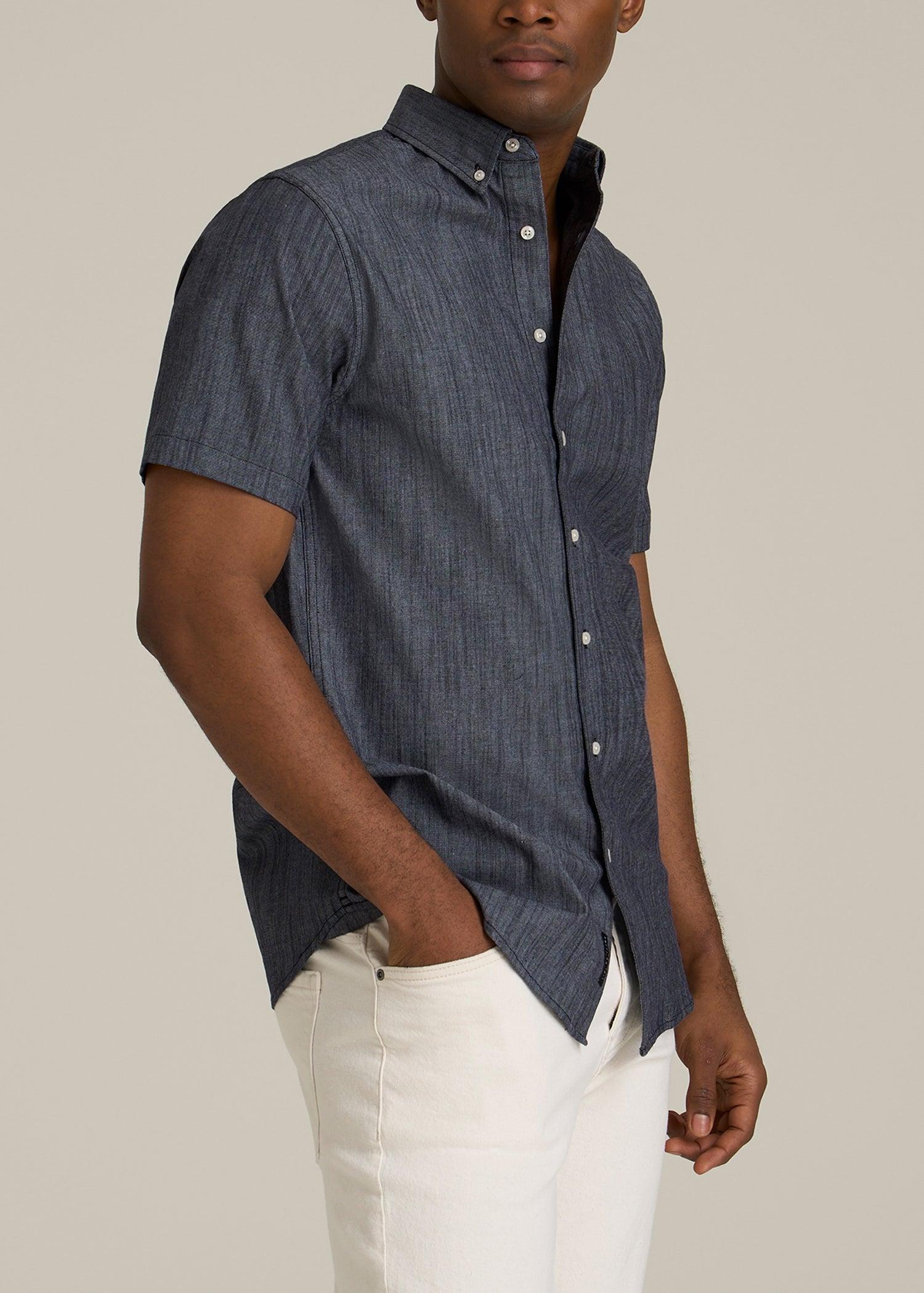 Short Sleeve Stretch Chambray Shirt for Tall Men in Dark Blue Chambray Product Image