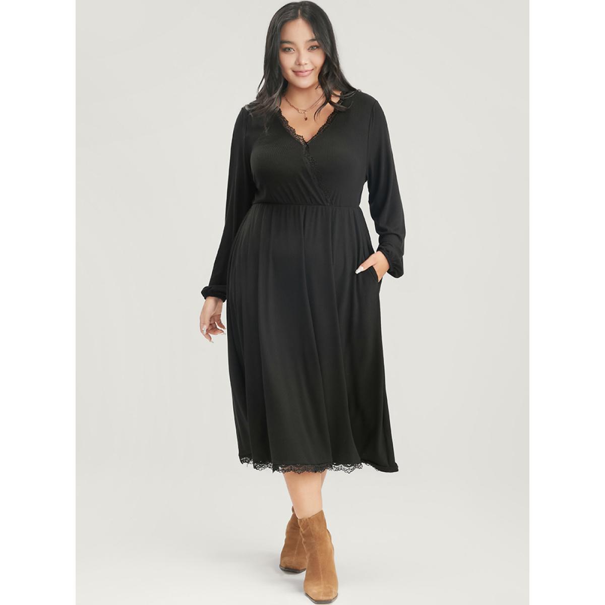 Plus Size Solid Lantern Sleeve Pocket Lace Trim Wrap Dress Black Women Elegant Lace V-neck Long Sleeve Curvy Midi Dress BloomChic 12/L Product Image