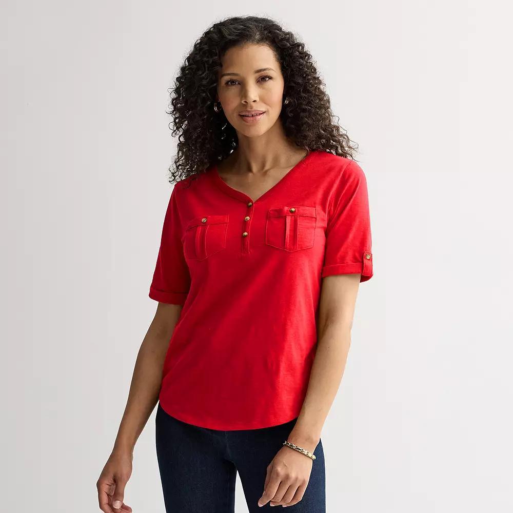 Women's Croft & Barrow® Elbow Sleeve Utility Henley Top, Size: XXL, Barefoot Beach Product Image