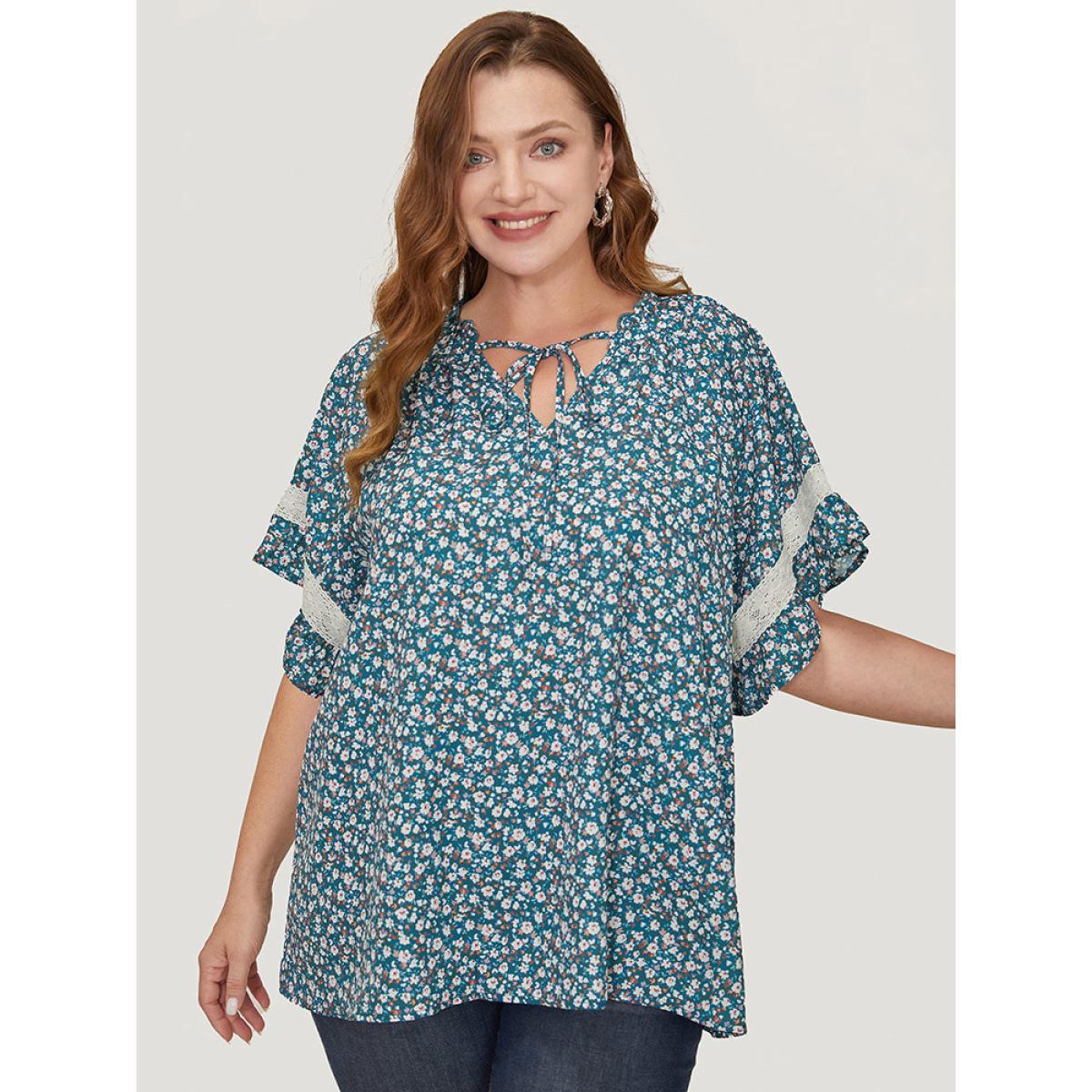 Plus Size Aegean Ditsy Floral Frill Trim Lace Ruffle Sleeve Tie Neck Blouse Women Elegant Short sleeve Tie Neck Dailywear Blouses BloomChic 14-16/1X Product Image