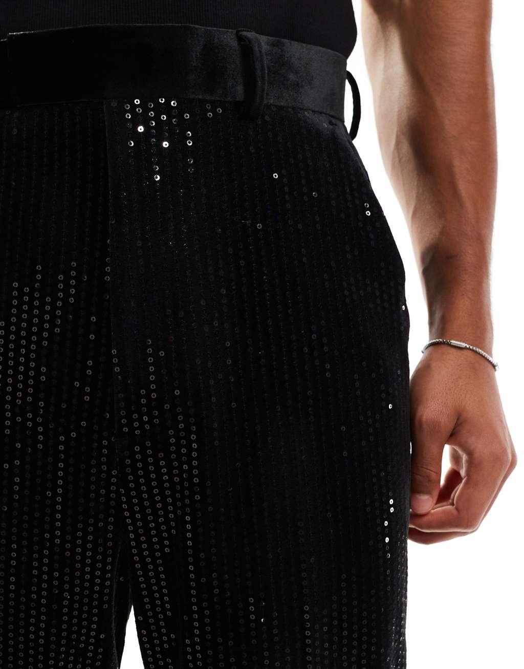 ASOS DESIGN smart high waist straight pants in black sequin Product Image