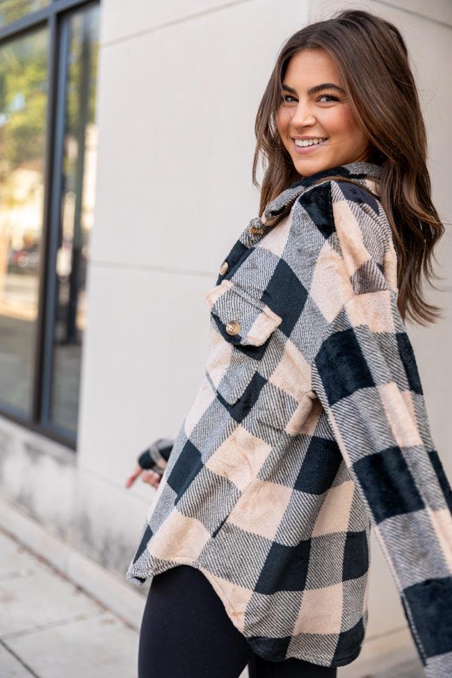 Wind Down Black and Tan Fleece Plaid Shacket FINAL SALE Product Image