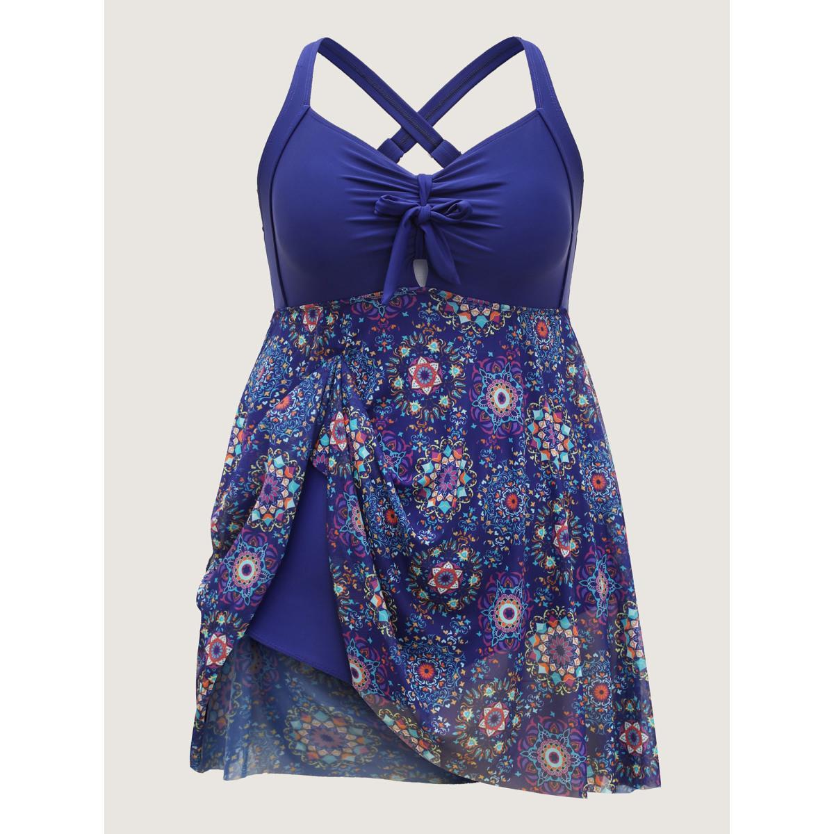 Plus Size Tie-Front Sheer Boho Print Swim Dress Women's Swimwear DarkBlue Beach Bodycon Heart neckline High stretch Curve Swim Dresses BloomChic 22-24/3X Product Image