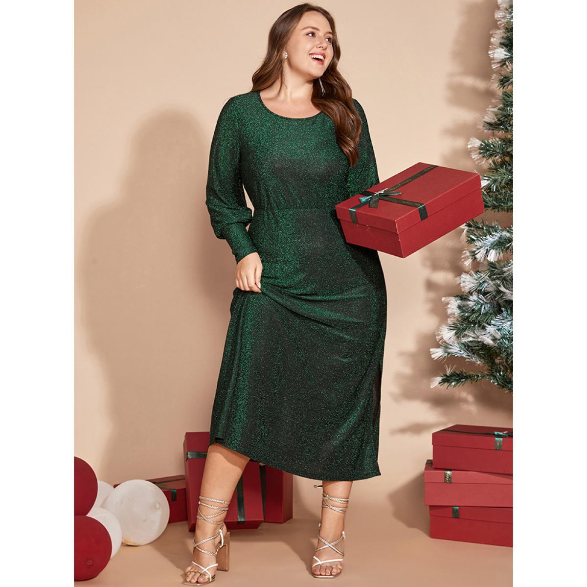 Plus Size Solid Round Neck Split Hem Glitter Dress Emerald Women Party Arc Hem Round Neck Long Sleeve Curvy Midi Dress BloomChic 12/L Product Image