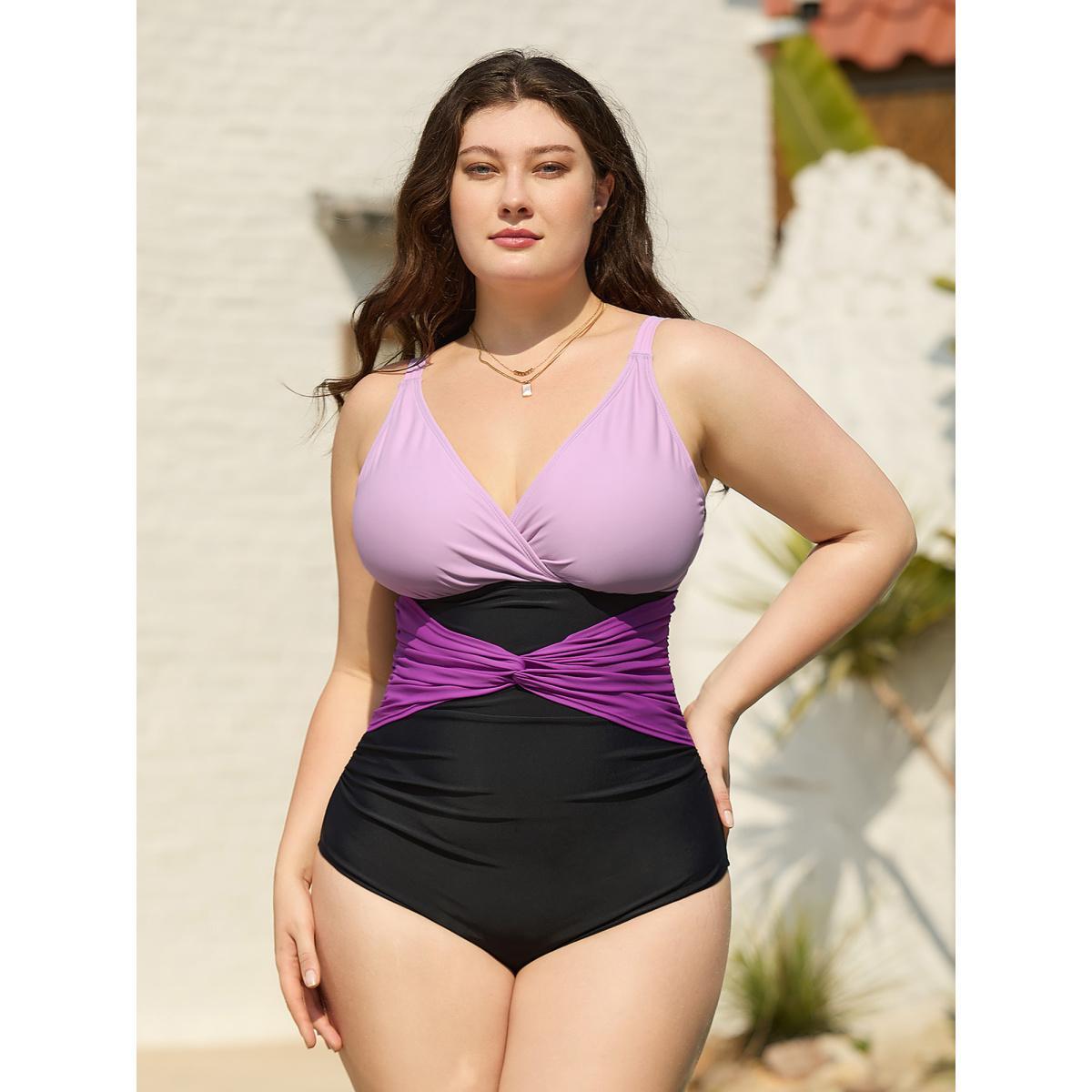 Plus Size Color Block Ruched One-Piece Swimsuit Women's Swimwear Lilac Beach Twist Curve Bathing Suits High stretch One Pieces BloomChic 14-16/1X Product Image