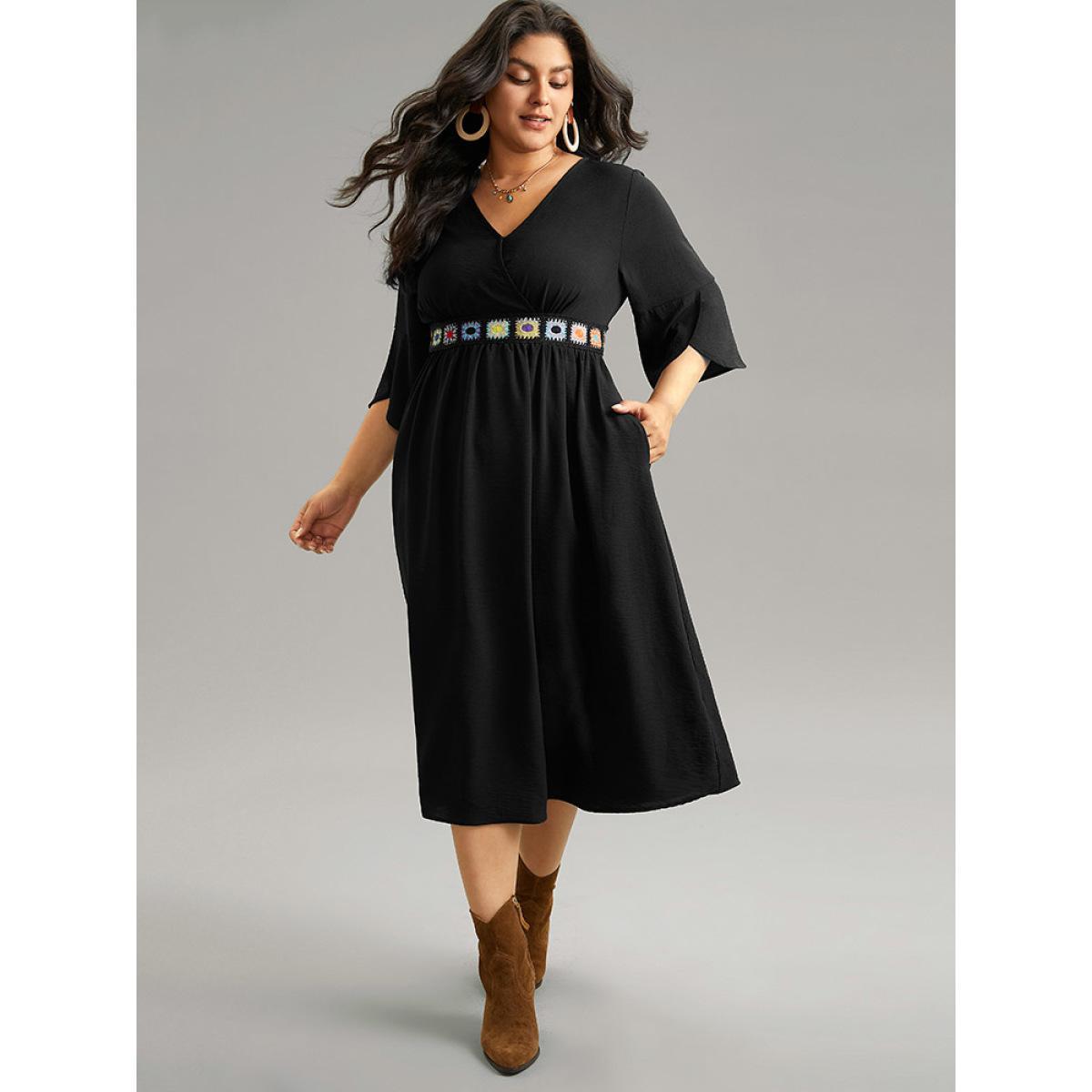 Plus Size Plain Elastic Waist Embroidered Wrap Dress Black Women Vacation Wrap Overlap Collar Elbow-length sleeve Curvy Midi Dress BloomChic 30/6X Product Image