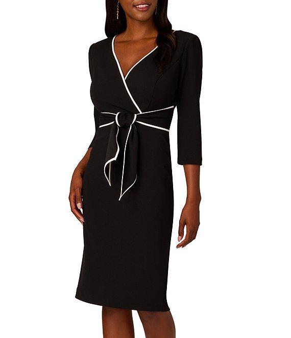 Adrianna Papell Vneck Contrast Trim Tie Waist Crepe Sheath Dress Product Image
