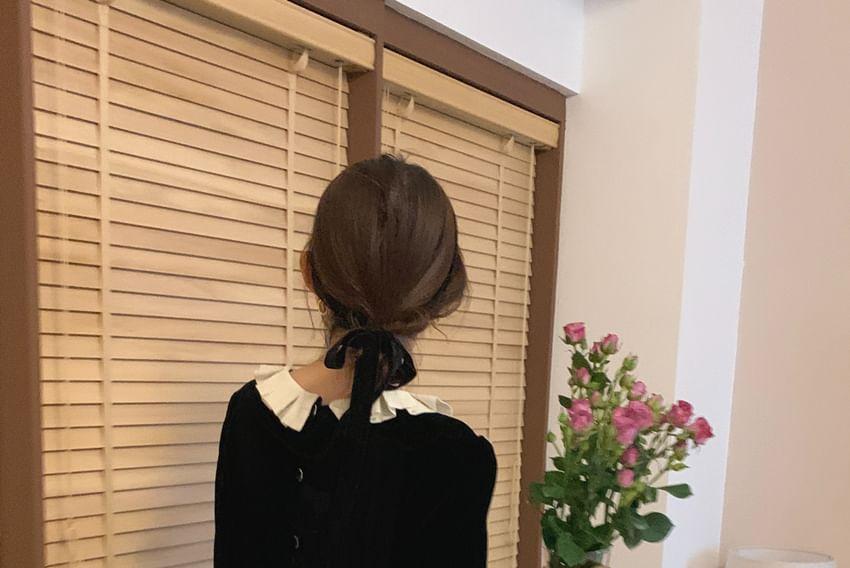 Long Sleeve Collared Two Tone Pleated Panel Velvet Blouse Product Image