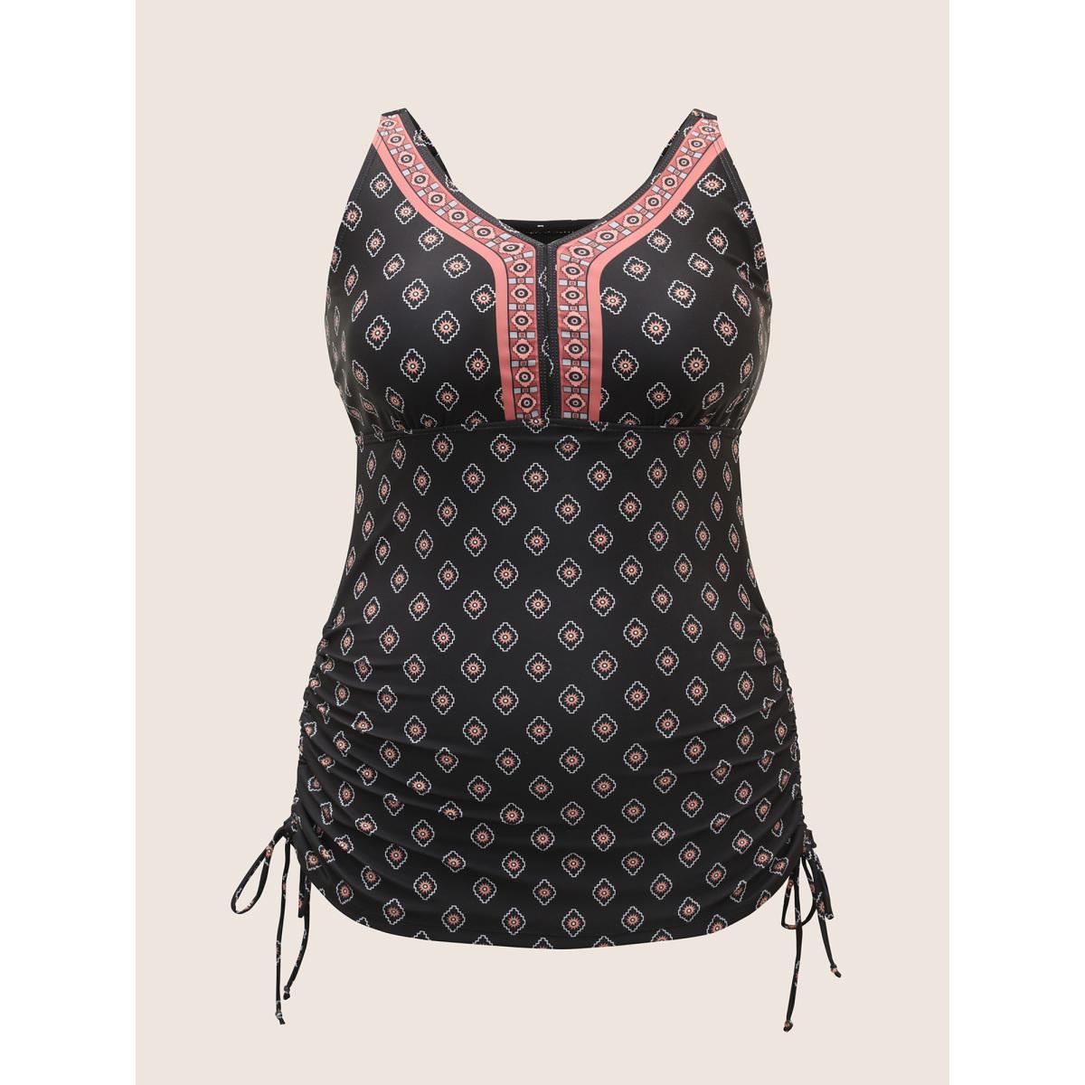 Plus Size V Neck Bandana Print Drawstring Swim Top Women's Swimwear Black Beach Tie knot High stretch Skinny V-neck Curve Swim Tops BloomChic 26/4X Product Image