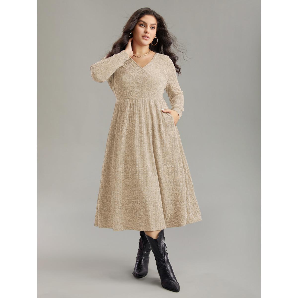 Plus Size Rib Knit Plain Plisse Long Sleeve Dress Beige Women Casual Rib Knit V-neck Long Sleeve Curvy Midi Dress BloomChic 18-20/2X Product Image
