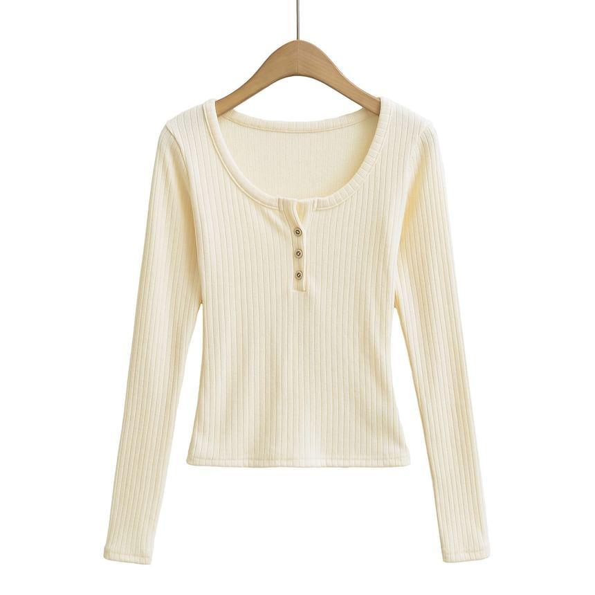 Long Sleeve Scoop Neck Plain Button Ribbed Top Product Image