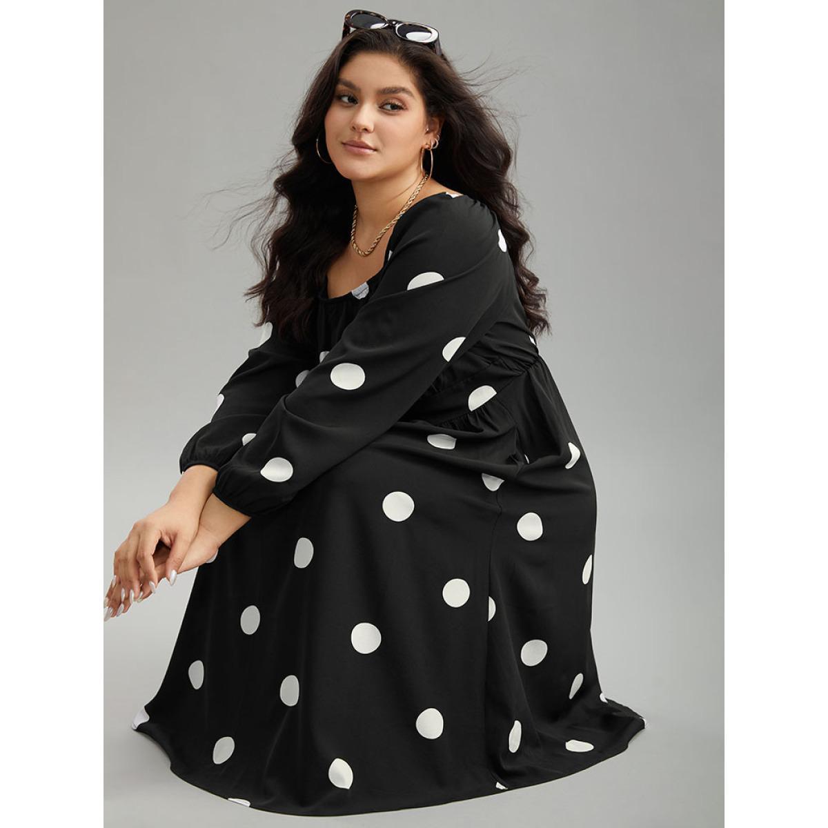 Plus Size Polka Dot Square Neck Gathered Elastic Cuffs Dress Black Women Elegant Elastic cuffs Square Neck Long Sleeve Curvy Midi Dress BloomChic 12/L Product Image