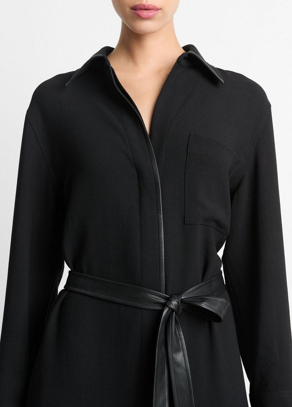 Womens Faux-Leather-Trim Shirt Dress, Black, Size L Vince Product Image