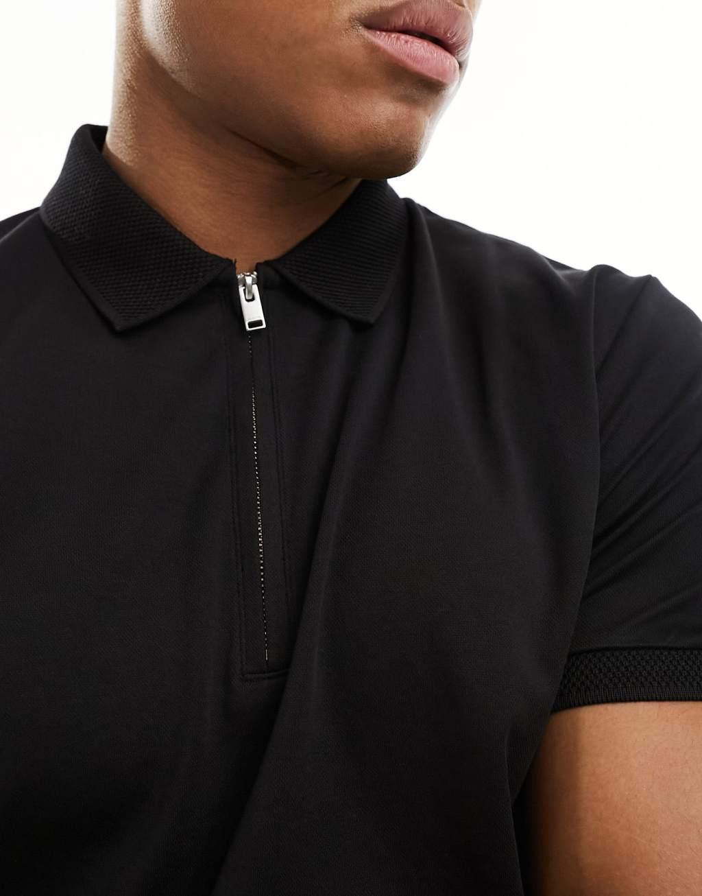 Selected Homme half-zip polo shirt in black Product Image