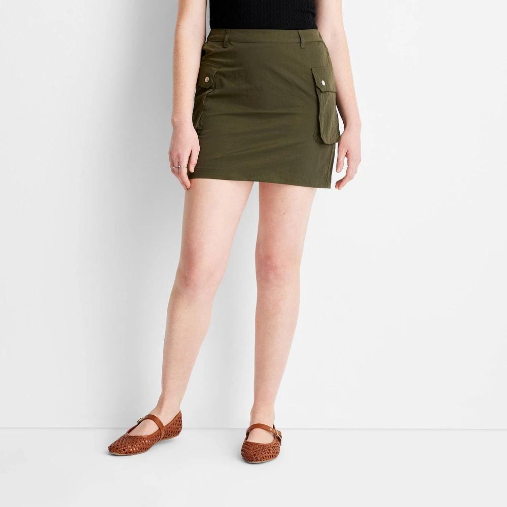 Women's Cargo Mini Skirt - Future Collective Dark Olive XL: High Rise, Back Elastic, A-Line, Woven Product Image