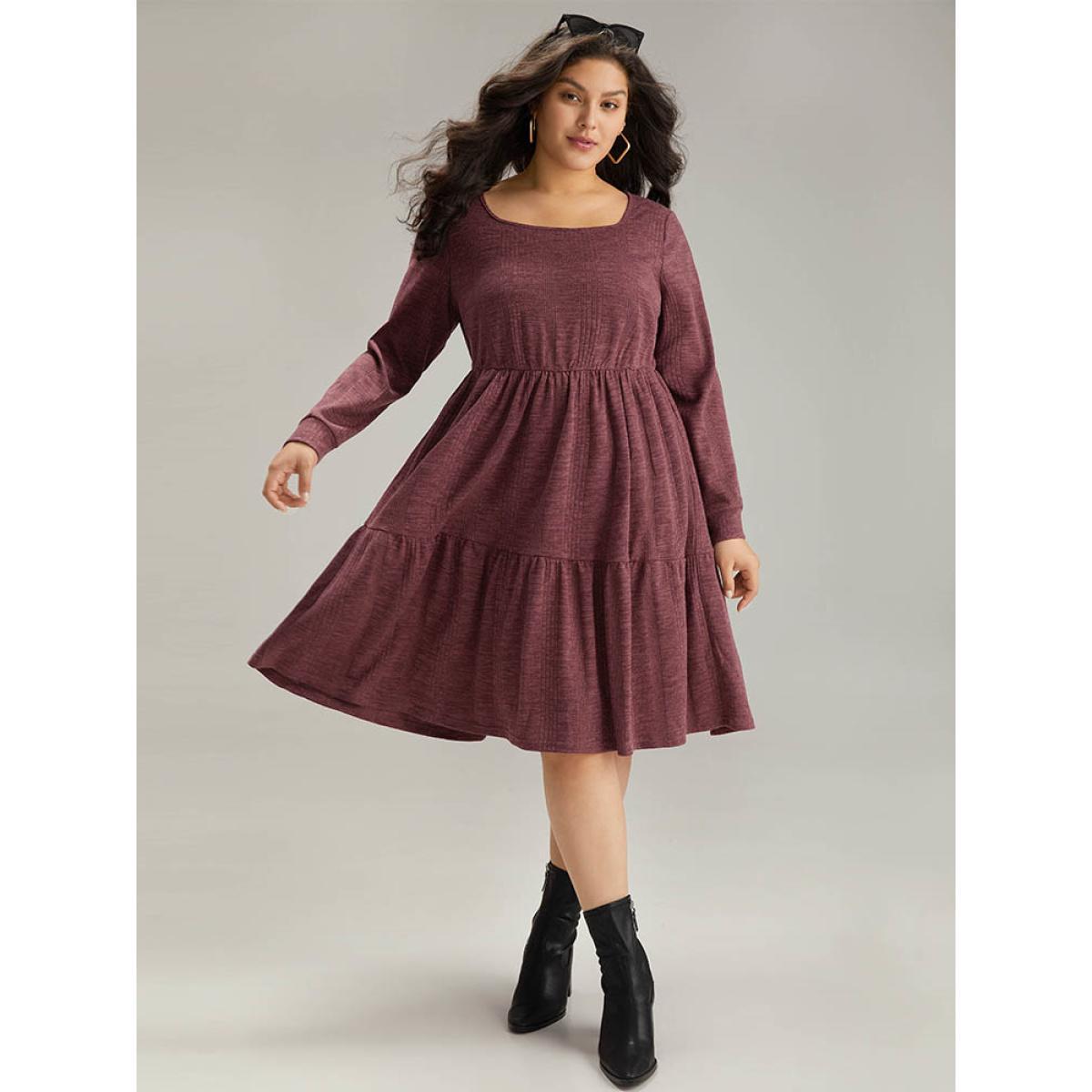 Plus Size Plain Square Neck Texture Gathered Dress Maroon Women Casual Texture Square Neck Long Sleeve Curvy Midi Dress BloomChic 30/6X Product Image