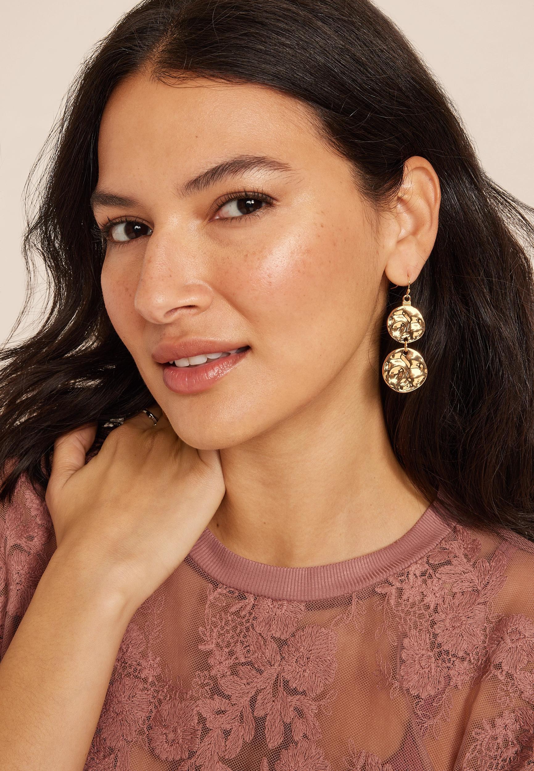 Gold Hammered Double Disc Drop Earrings Product Image