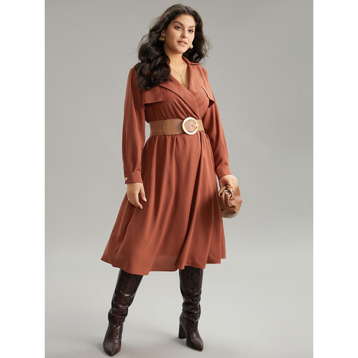 Plus Size Static-Free Plain Lapel Collar Belted Pocket Dress Maroon Women At the Office Plain Lapel Collar Long Sleeve Curvy Midi Dress BloomChic 30/6X Product Image