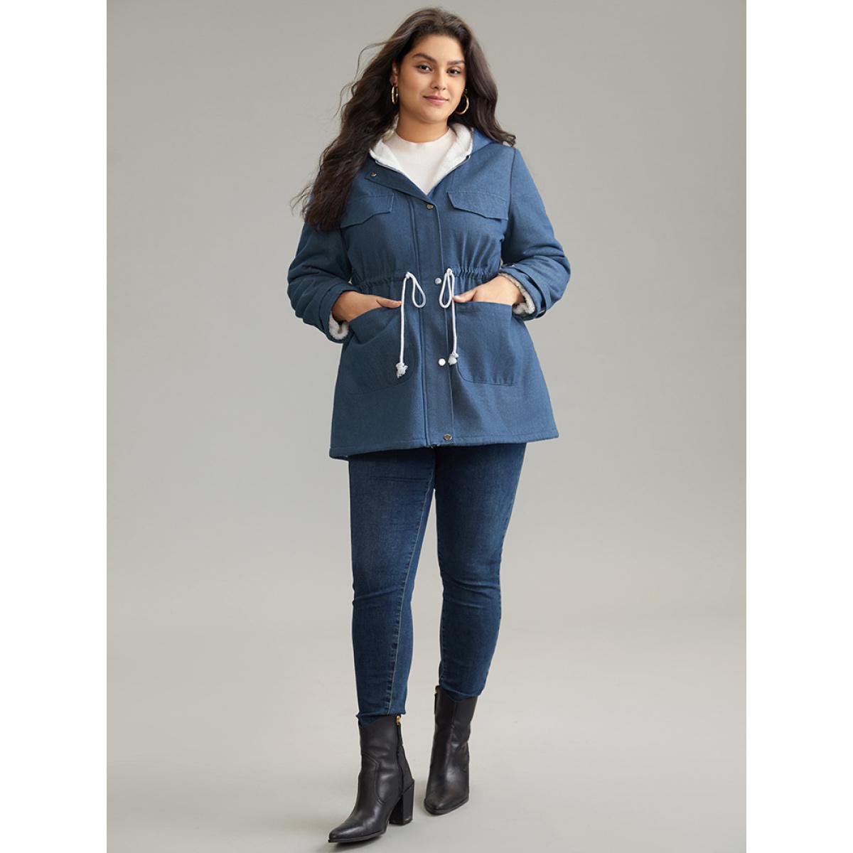 Plus Size Denim Patchwork Fuzzy Trim Drawstring Hooded Coat Women LightBlue Casual Contrast Ladies Dailywear Winter Coats BloomChic 28/5X Product Image