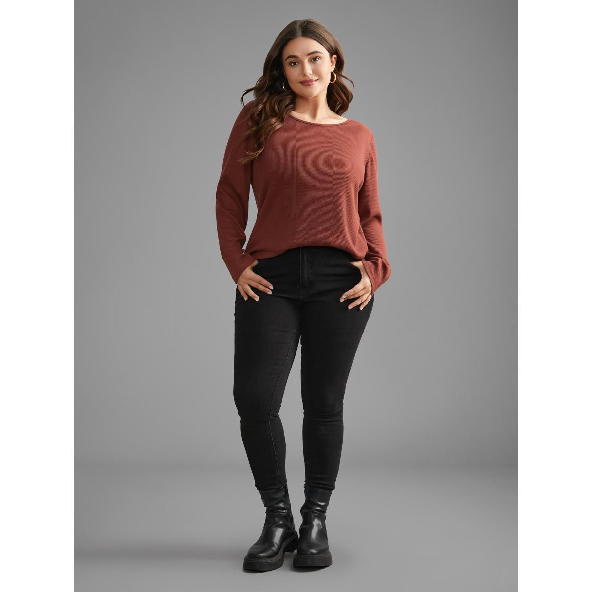 Plus Size Waffle Knit Button Detail Arc Hem T-shirt Rust Women Casual Texture Round Neck Everyday T-shirts BloomChic 30/6X Product Image
