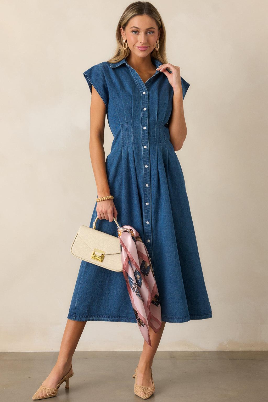 Classic Tea Party Dark Wash Denim Button Front Pleated Midi Dress Product Image
