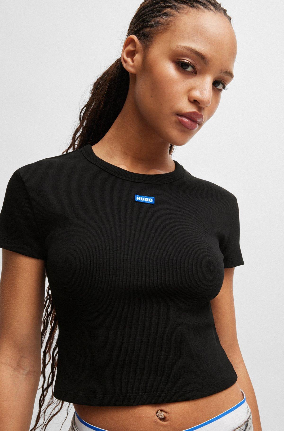 HUGO - Stretch-cotton slim-fit T-shirt with blue logo label - Black Product Image