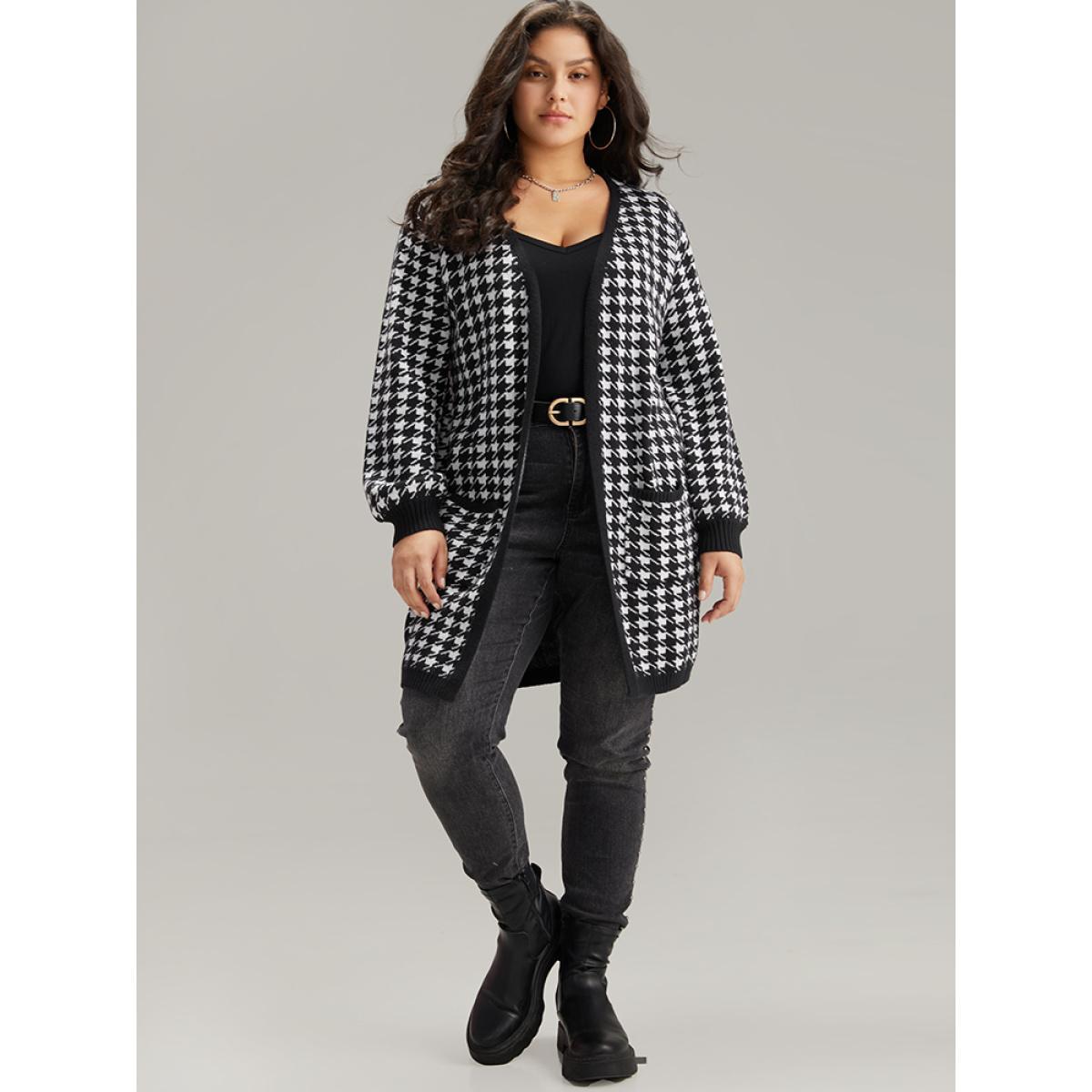 Plus Size Supersoft Essentials Houndstooth Pocket Elastic Cuffs Cardigan Black Women Casual Loose Long Sleeve Dailywear Cardigans BloomChic 26/4X Product Image
