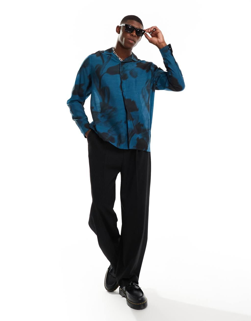 ASOS DESIGN relaxed revere shirt with faded floral print in blue  Product Image