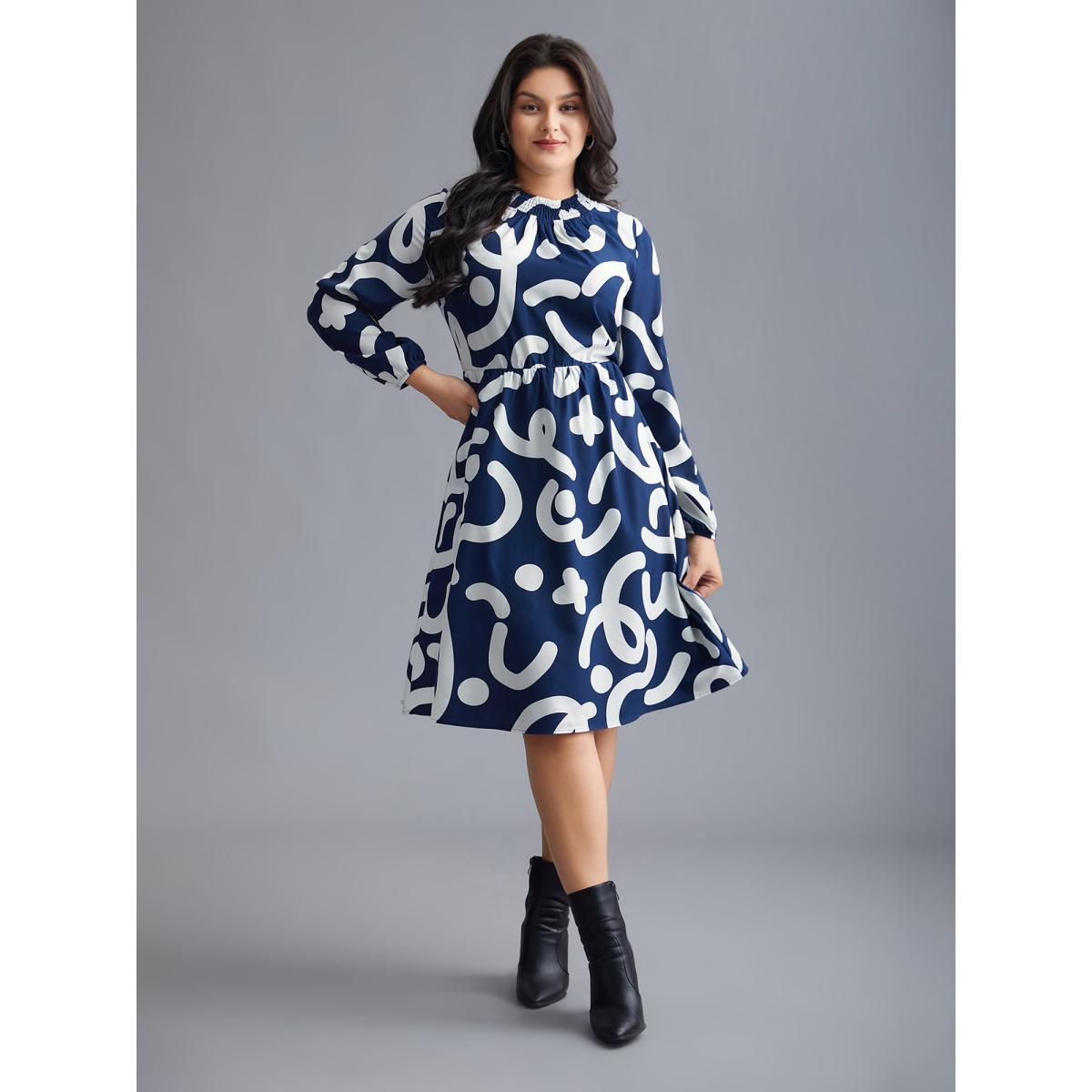 Plus Size Geometric Print Shirred Pocket Dress DarkBlue Women Elegant Shirred Mock Neck Long Sleeve Curvy BloomChic 12/L Product Image