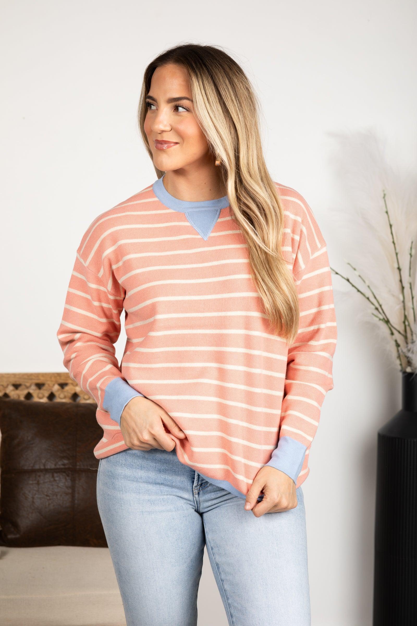 Oversized Striped Color Contrast Crew Neck Top Product Image