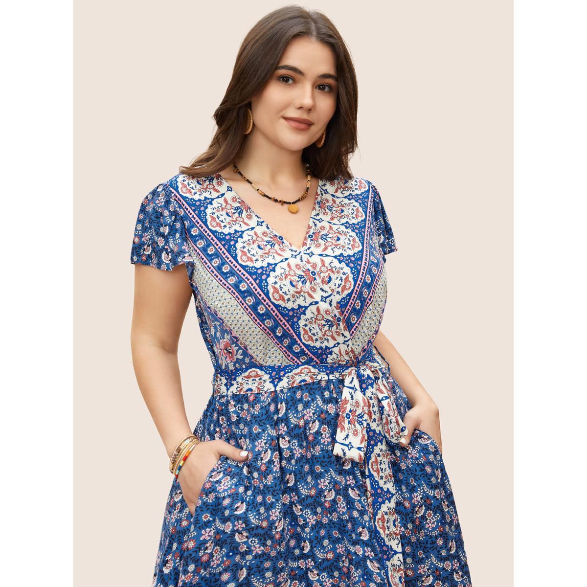 Plus Size Boho Print Surplice Neck Belted Dress Blue Women Resort Overlapping V-neck Cap Sleeve Curvy BloomChic 26/4X Product Image