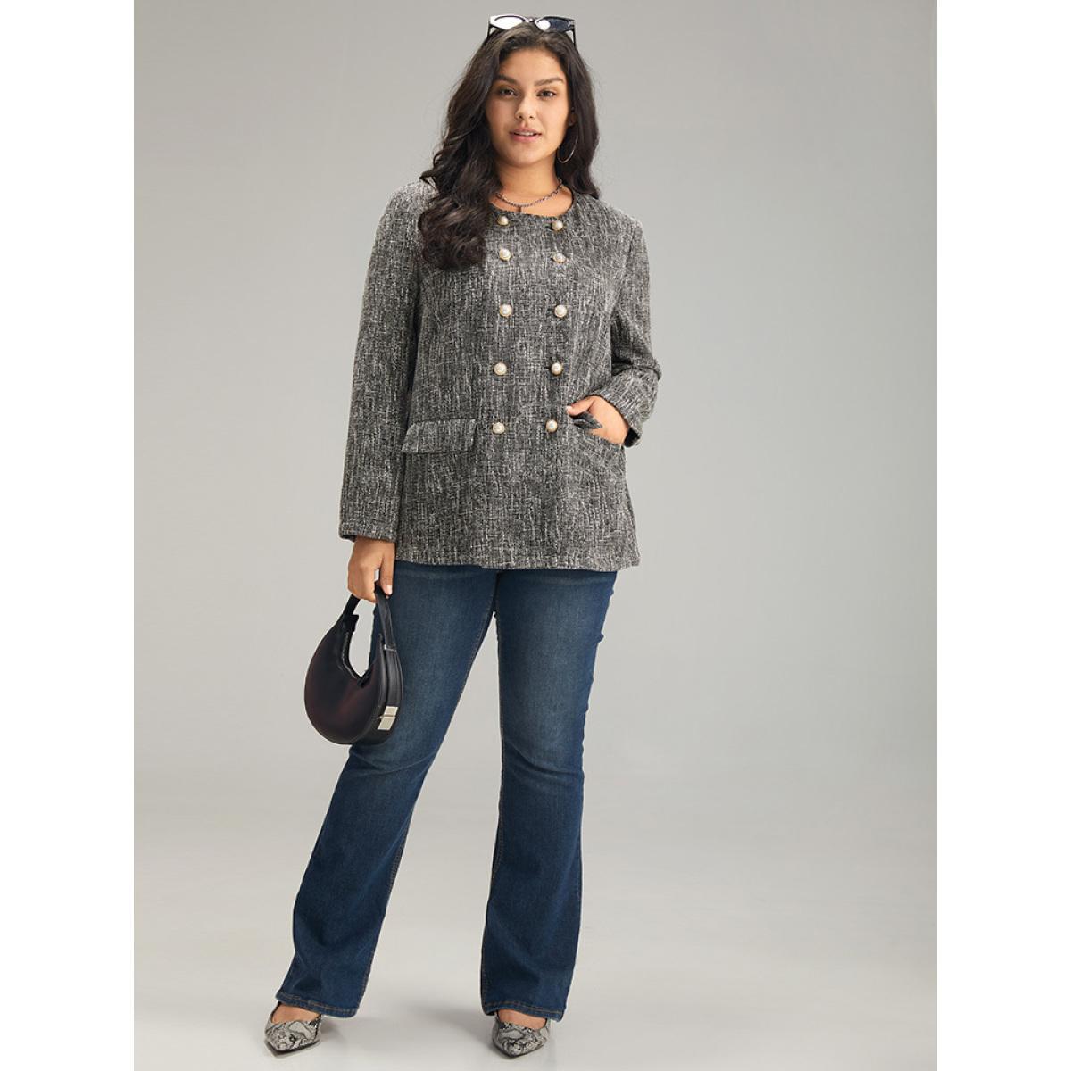 Plus Size Tweed Plisse Double Breasted Flap Pocket Coat Women Black Casual Texture Ladies Dailywear Winter Coats BloomChic 18-20/2X Product Image