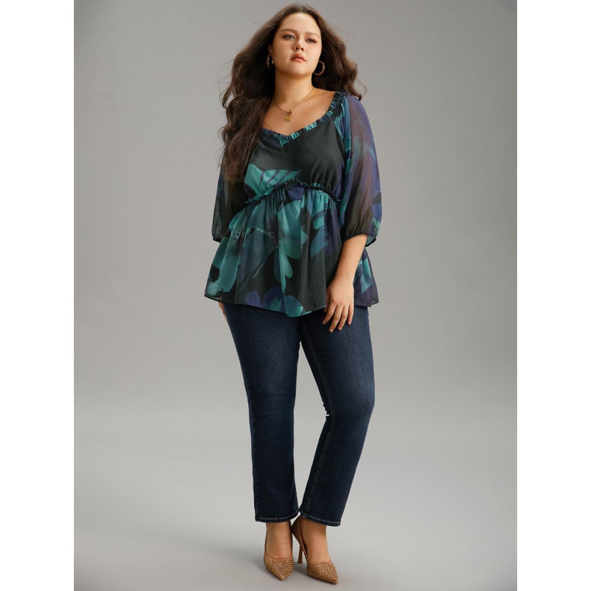 Plus Size Cyan Square Neck Floral Frill Trim Mesh Ruffles Blouse Women Elegant Elbow-length sleeve Square Neck Dailywear Blouses BloomChic 26/4X Product Image