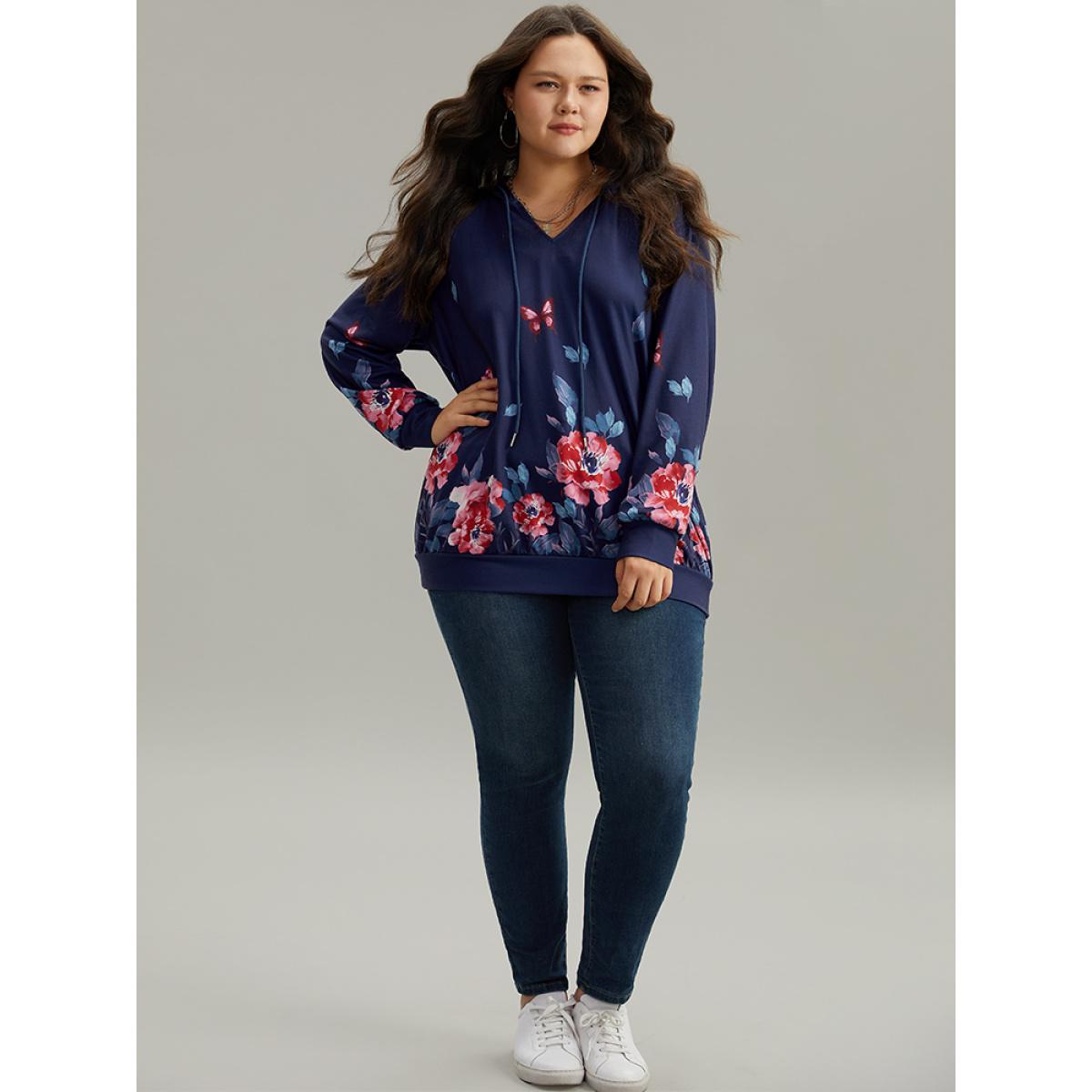 Plus Size Floral & Butterfly Print Hooded Drawstring Sweatshirt Women Multicolor Casual Printed Hooded Dailywear Sweatshirts BloomChic 14-16/1X Product Image