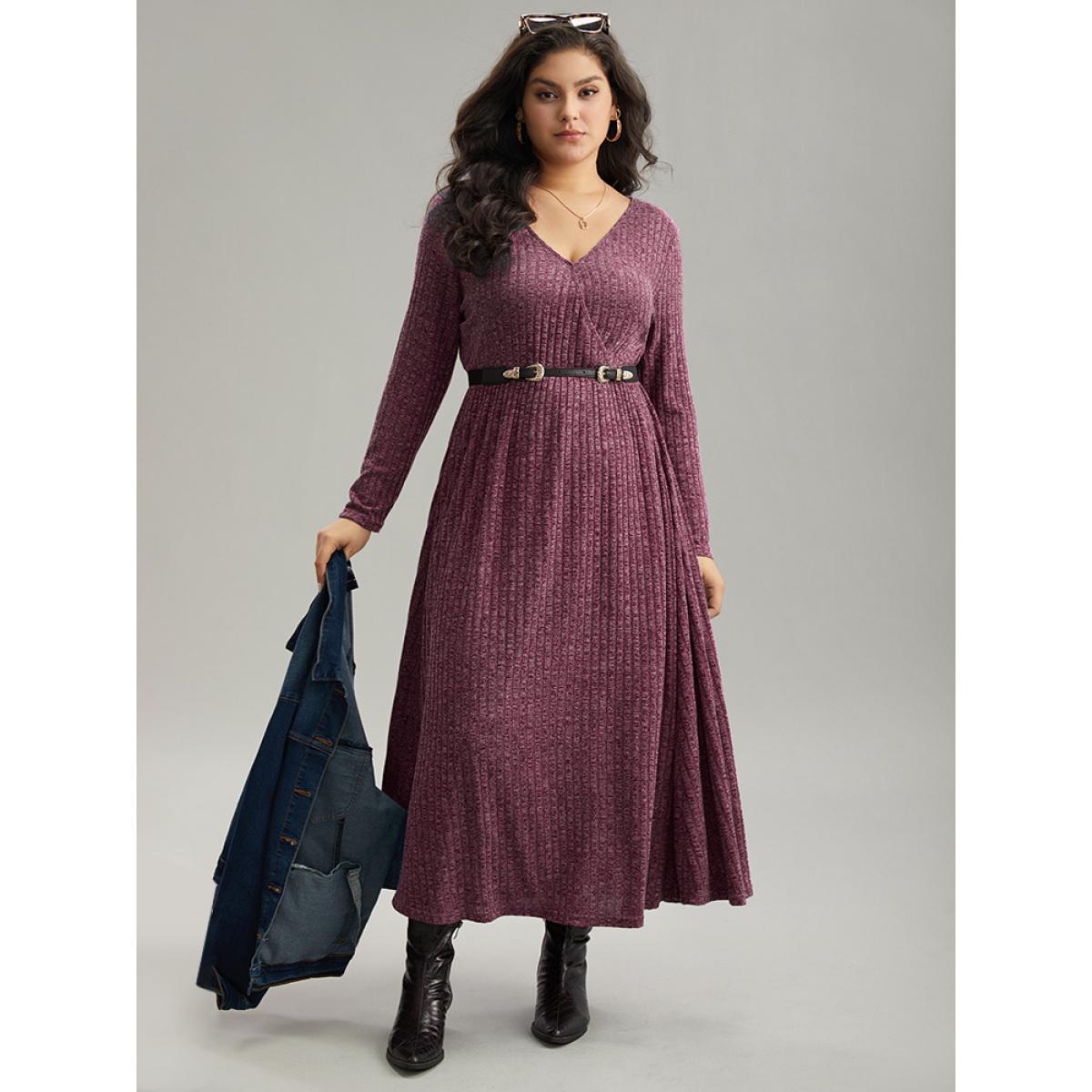 Plus Size Solid Rib Knit Overlap Collar Pocket Dress Purple Women Casual Texture Overlap Collar Long Sleeve Curvy Midi Dress BloomChic 10/M Product Image