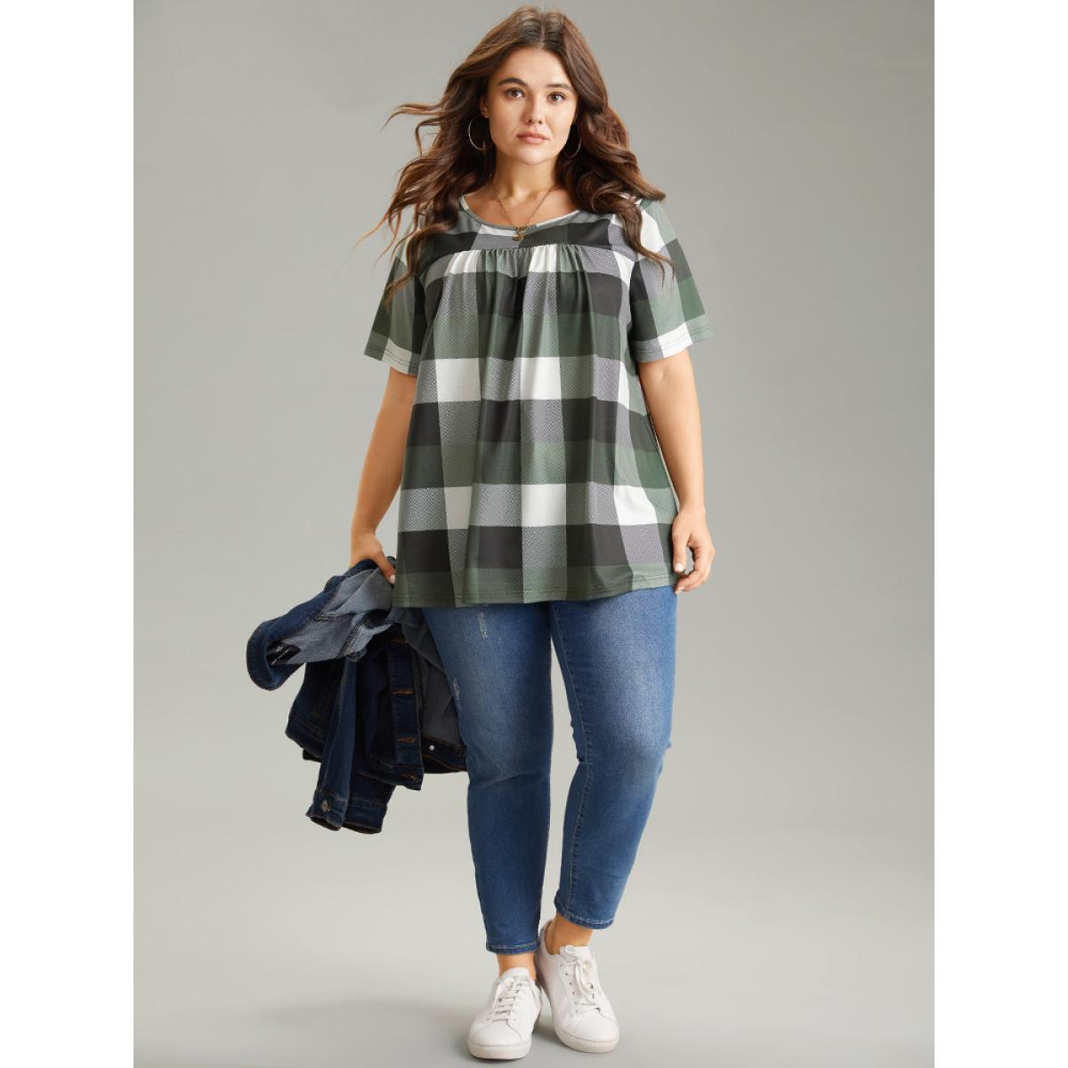 Plus Size Plaid Round Neck Gathered T-shirt Green Women Casual Gathered Plaid Round Neck Everyday T-shirts BloomChic 28/5X Product Image