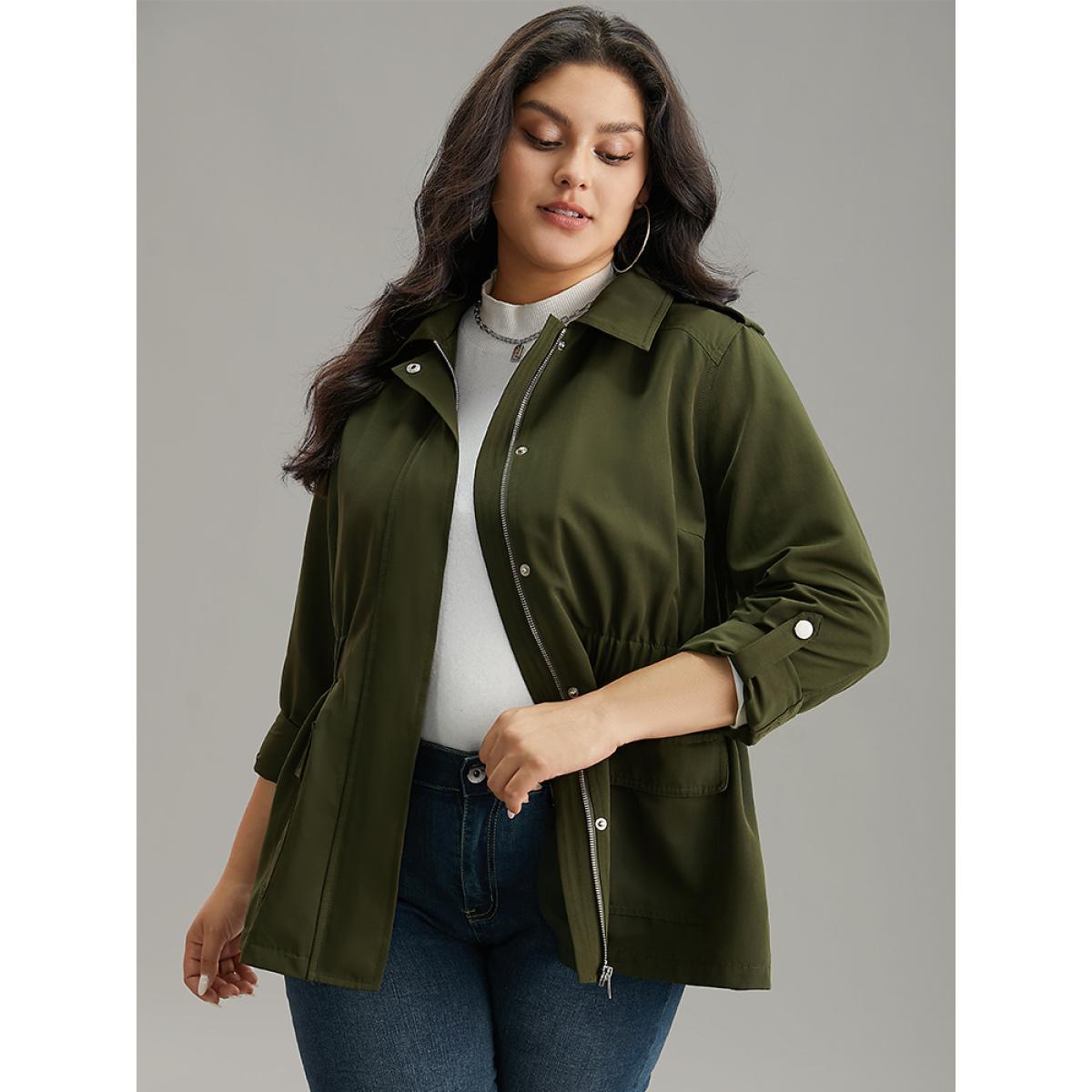 Plus Size Solid Elastic Waist Zipper Fly Flap Pocket Coat Women Cyan Casual Plain Ladies Dailywear Winter Coats BloomChic 30/6X Product Image