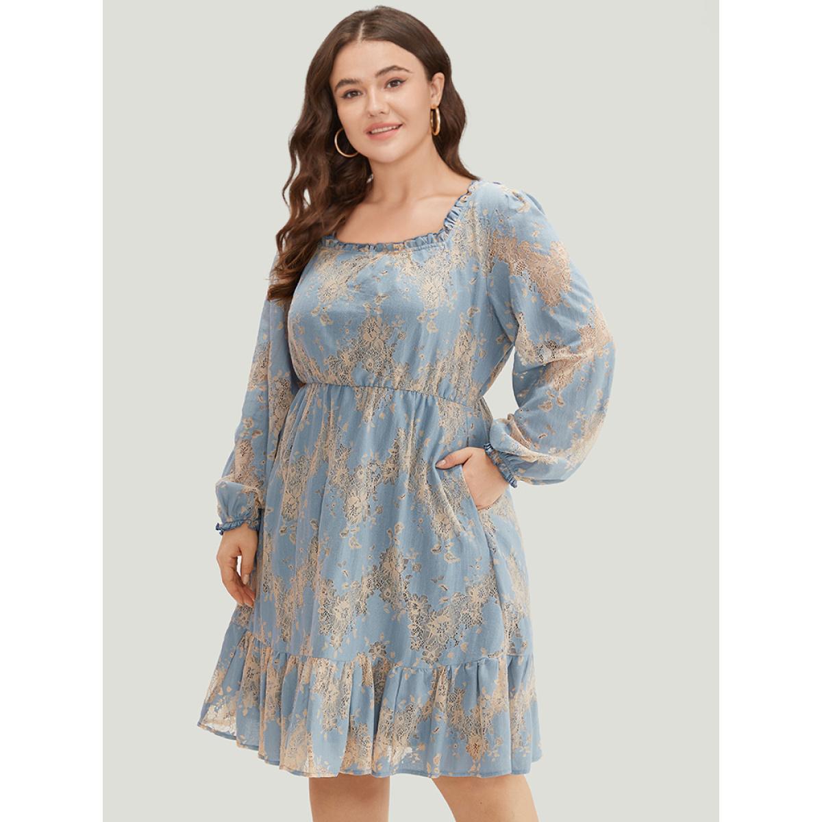Plus Size Contrast Lace Panel Frill Trim Lantern Sleeve Dress Aegean Women Vacation Elastic cuffs Square Neck Long Sleeve Curvy Midi Dress BloomChic 10/M Product Image