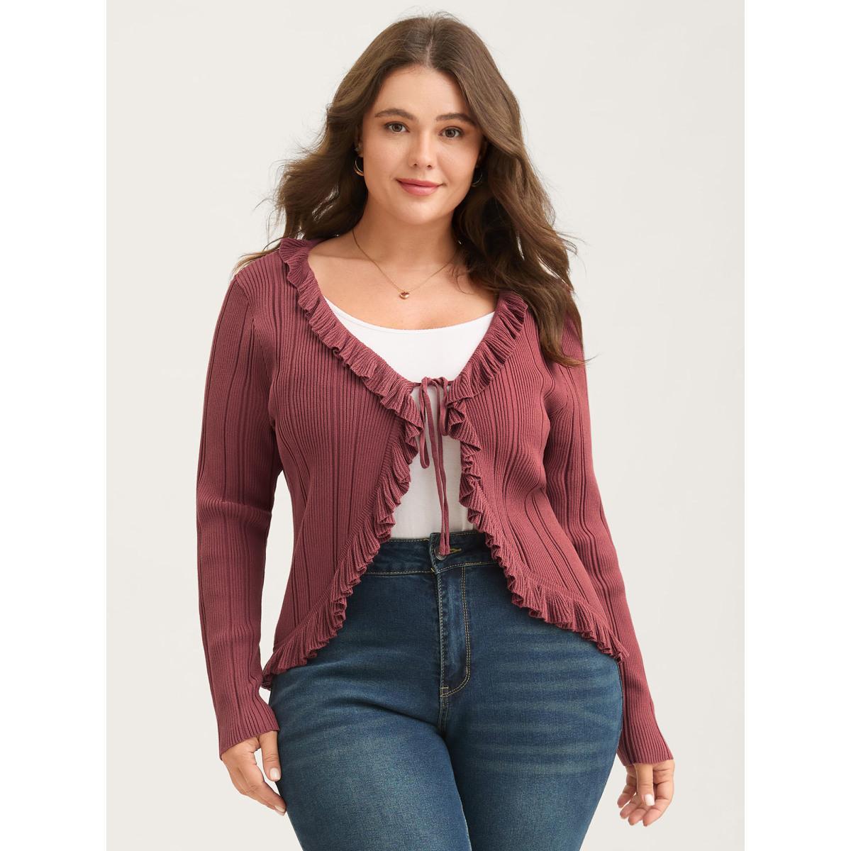 Plus Size Ruffled Edged Front Tie Knit Cardigan Rust Women Bodycon Long Sleeve Everyday-Elegant Cardigans BloomChic 22-24/3X Product Image
