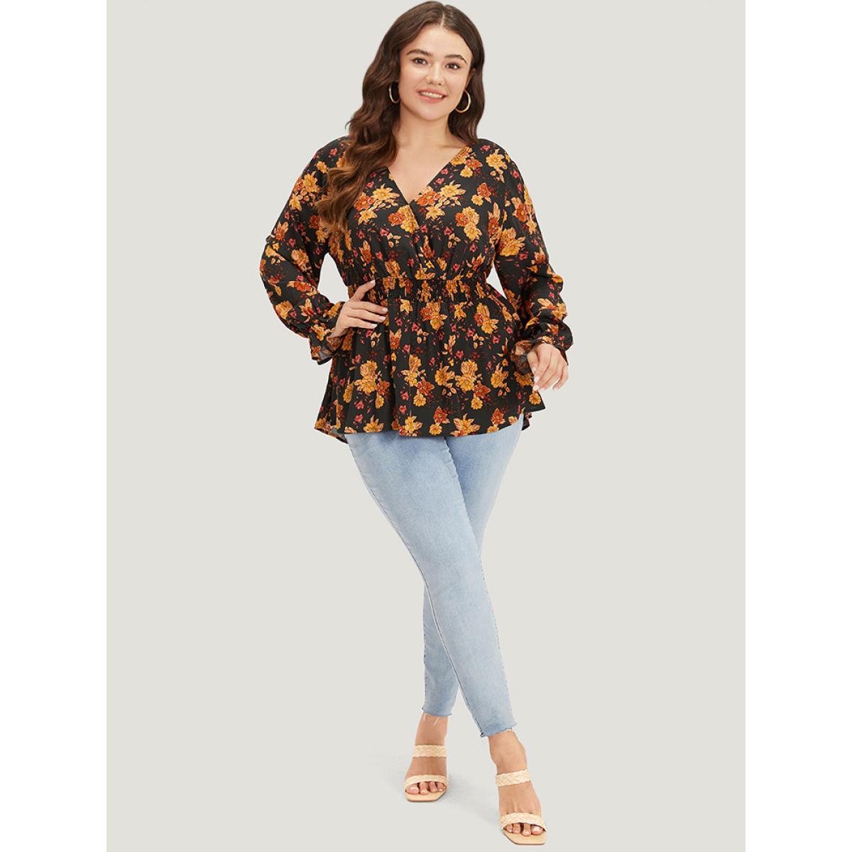 Plus Size Indigo Floral Print Wrap Shirred Lantern Sleeve Blouse Women Vacation Long Sleeve V-neck Dailywear Blouses BloomChic 18-20/2X Product Image